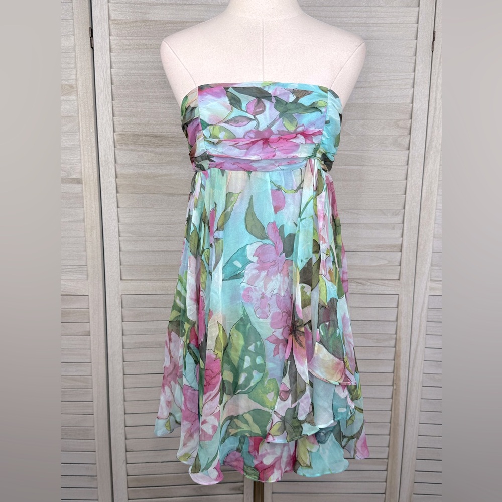 NU COLLECTIVE Strapless Floral Silk Mini Dress-Small